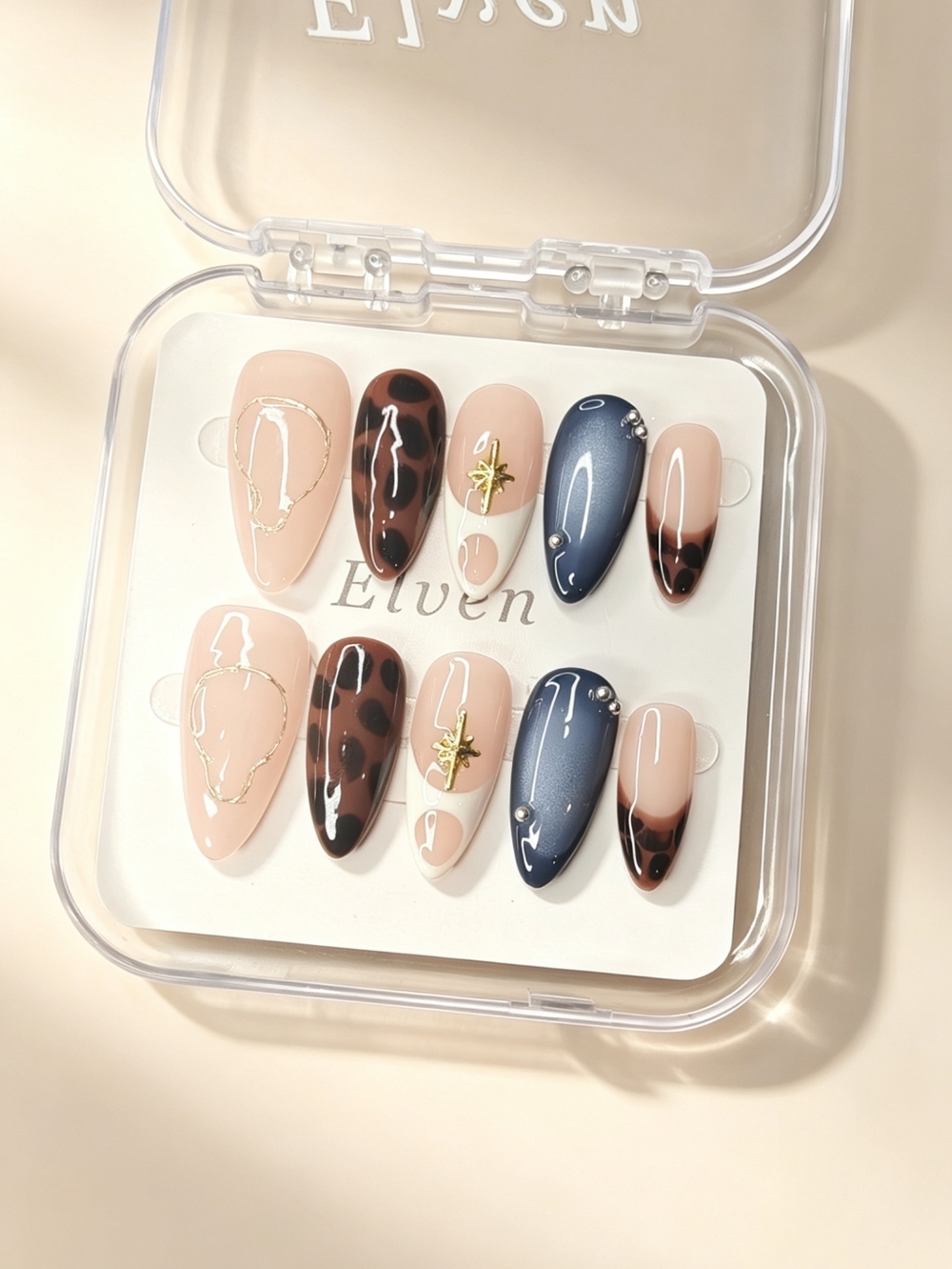 Neutral & Navy Leopard Almond Shape Handmade Press On Nails with Gold Accent